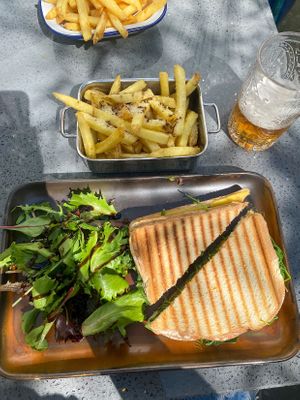 Cheeze and pastrami toastie with truffle fries    at The Cornish Vegan in Truro
