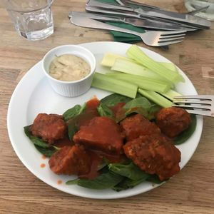 The (very very) hot, spicy chicken pieces. at The Cornish Vegan in Truro