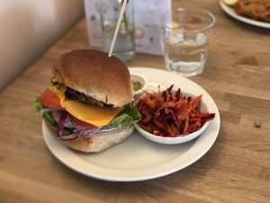 The lentil, mushroom, walnuts burger  at The Cornish Vegan in Truro