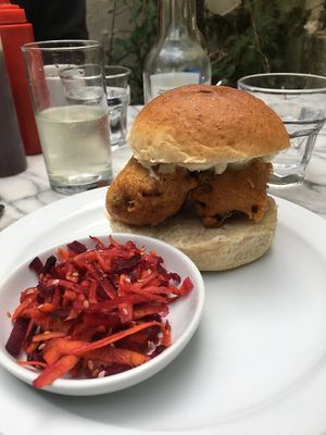 fish sandwich at The Cornish Vegan in Truro