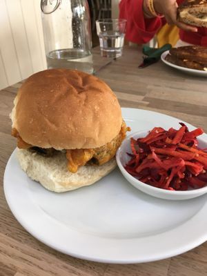 Fish burger with banana blossom  at The Cornish Vegan in Truro