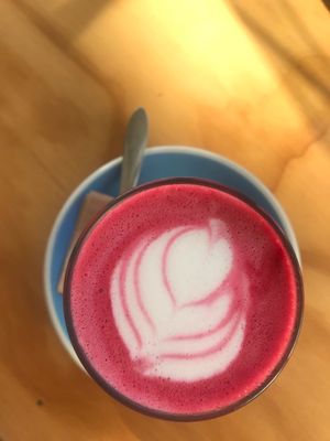 Velvet latte: almond milk, spices, and beet root  at Wild One Wholefoods Eatery  in Mount Maunganui