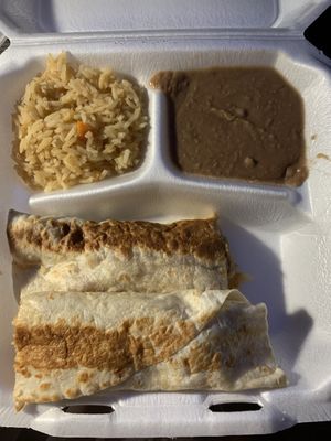 Burrito plate (no meat, sub rice in burrito) at El Palote Panaderia in Dallas