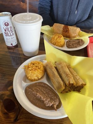 Chimi plate, tamale plate, and the biggest cup of horchata in the state of Texas!  at El Palote Panaderia in Dallas