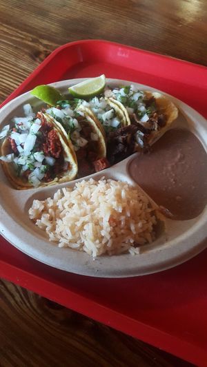 Tacos, beans and rice. at El Palote Panaderia in Dallas