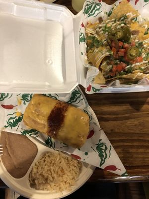 Nachos norteños and Chimichanga at El Palote Panaderia in Dallas