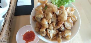 Tempura mushrooms...check if vegan.  Light and delicious batter.  Great with soy and chilli. Big serve $7.90, small serve $4.90 at Yuan Xiang Veggie Kitchen 圆香蔬巧 in Central Singapore
