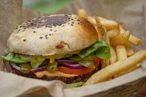 "Clasica" Vegan Burger, exquisite pattie packed with fresh ingrediants, very nourishing, high in protein low in fat at Mango y Chile in Bacalar