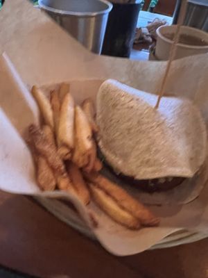 Falafel burger with tortillas  at Mango y Chile in Bacalar