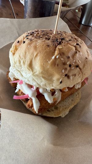 Burger with tofu and coleslaw  at Mango y Chile in Bacalar