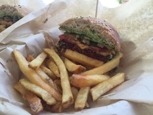 Half of a classic burger at Mango y Chile in Bacalar