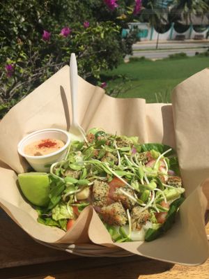 Half of a falafel salad at Mango y Chile in Bacalar