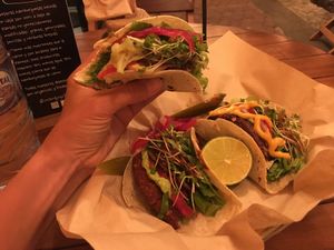 3 tacos all different and delicious  at Mango y Chile in Bacalar