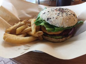 Classic Burger + Fries. Delicious. at Mango y Chile in Bacalar
