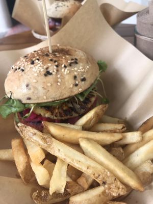 Mayan burger with fries  at Mango y Chile in Bacalar