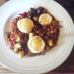Our tasty Lentils with grilled vegetables and melted goats cheese. Available as a starter or main  at The Hidden Veggie Kitchen in Limoges
