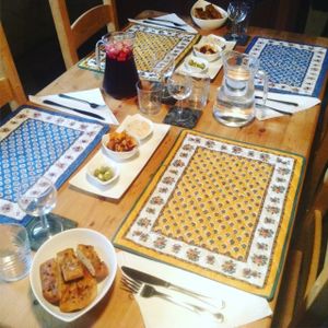 Some of our apperos, including a glass of sangria, homemade breads, stuffed olives and dips at The Hidden Veggie Kitchen in Limoges