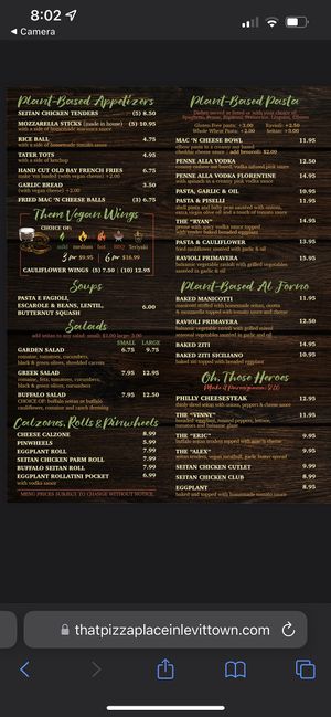 Left half of vegan menu.  at That Pizza Place in Levittown