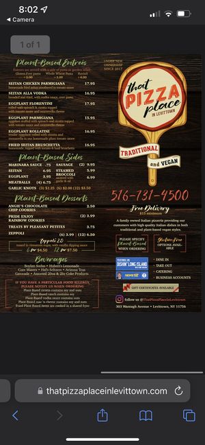 Right half of vegan menu    at That Pizza Place in Levittown