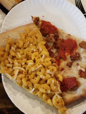 Vegan mac n cheese and chicken parm slices at That Pizza Place in Levittown