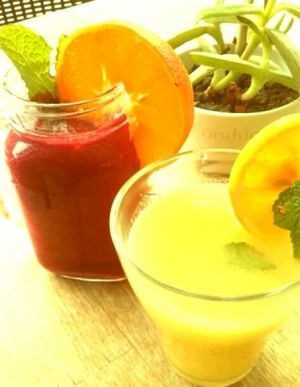 Smoothies with cactus fruits, mixture of fresh fruits from La Palma and gingerate  at Veg Art Natural Food in La Palma