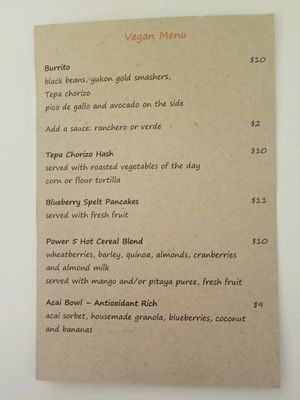Vegan breakfast & brunch menu at The Local in Prescott