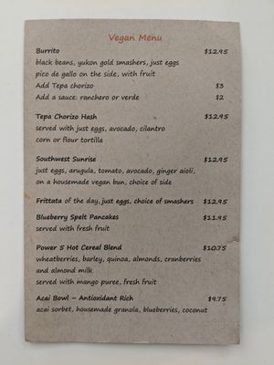 Vegan Breakfast Menu at The Local in Prescott