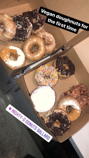 Left box (2 Oreos, 2 Good O’l Glazed, 1 Lemon Poppy, 1 French Toast) ….. Right box (2 Oreos, 1 Birthday Cake, 2 French Toast, 1 Fritter)  at Mighty-O Donuts - Ballard in Seattle
