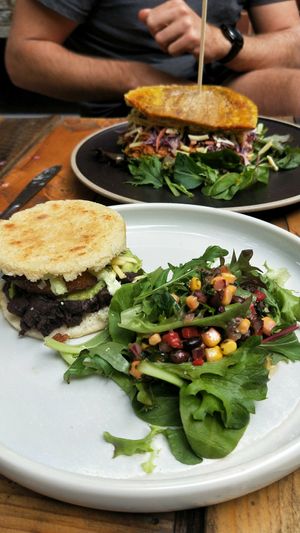Arepa and plantain burger at Nagev in Evandale