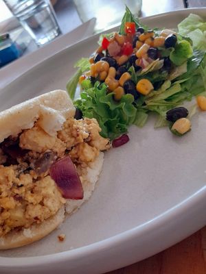 Arepa with scrambled tofu at Nagev in Evandale