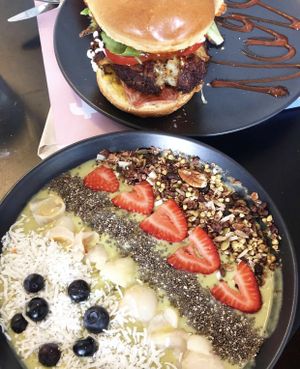 Burger and smoothie bowl  at Nagev in Evandale