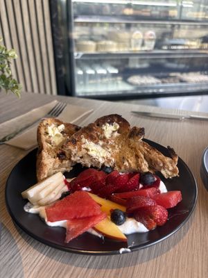 Fruit toast with a side of coyo and fruit  at Mr Black Juicery in Berwick