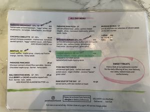 The all day menu at Paradise Plantbased in North West London