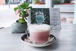 Mangosteen latte with coconut milk at Paradise Plantbased in North West London