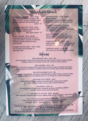 Menu - front. at Paradise Plantbased in North West London