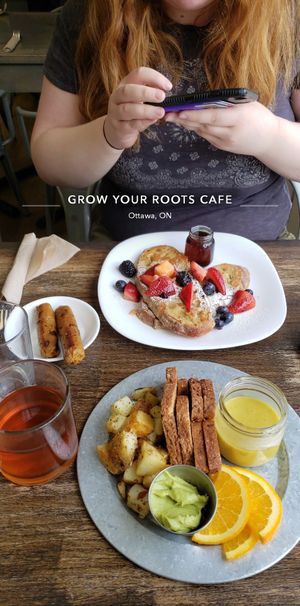 French toast with sausage and dippy toast with home fries at Grow Your Roots Cafe in Ottawa