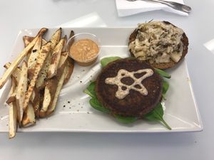 Pipeline Burger with Volcano Yam Fries at Nourish Health Bar and Cafe in Citrus Heights