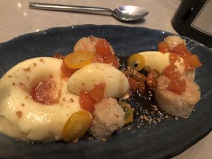 Desert.   Fresh apricots, mousse,  ice cream, Some kind of a sauce  and lemon cake. A spectacular pairing and very delicious at EVO Restaurant and Bar in Portland