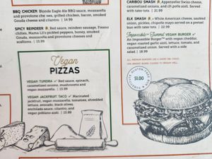 Vegan pizza menu and burger option at 49th State Brewing Co in Anchorage