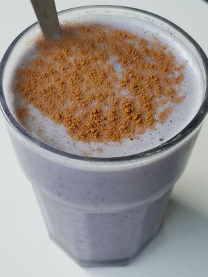 Blueberry almond milk smoothie at De Aca in San Jose