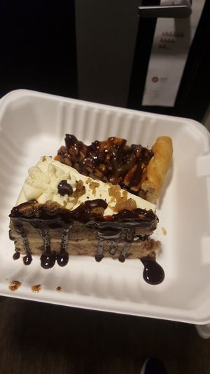 Slices of cookie cake and pecan pie with chocolate sauce 😋 at De Aca in San Jose