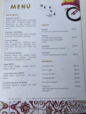Menu, all vegan (see bottom), as of Feb 2020 at De Aca in San Jose