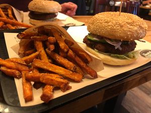 Vegan burger and sweet potatoe fries at Damn Burger in Kirchheim Unter Teck