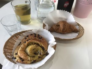 The chocolate-hazelnut filled croissant was the perfect amount of sweetness and the chocolate chip and “cream” pastry was beyond decedent, but again, not overly sweet. at Dharma's Cake in Rome