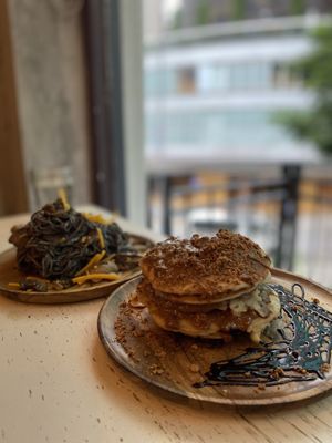 Black bean spaghetti, pancakes at Ohms Cafe & Bar in Hong Kong Island