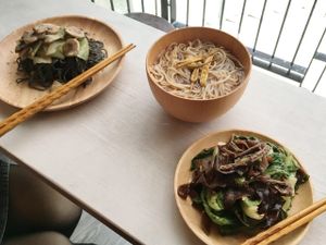 black bean noodles, noodle soup and seasonal vegetables. all vegan. at Ohms Cafe & Bar in Hong Kong Island