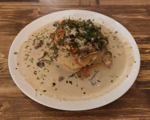 Salty Pancakes with Vegan Cheese, Mushroom and Vegetarian Soy Fibrous Shredded at Ohms Cafe & Bar in Hong Kong Island