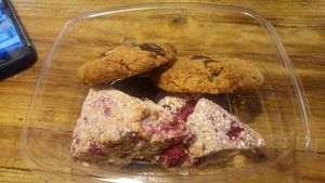 rasberry scones. chocolate/peanutbutter cookies at Peckish Cafe in Ennis