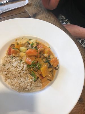 Veggie korma with brown rice. at Peckish Cafe in Ennis