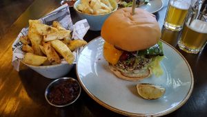 Veg-Mex burger with fries at Handmade Burger Co - Bullring in Birmingham